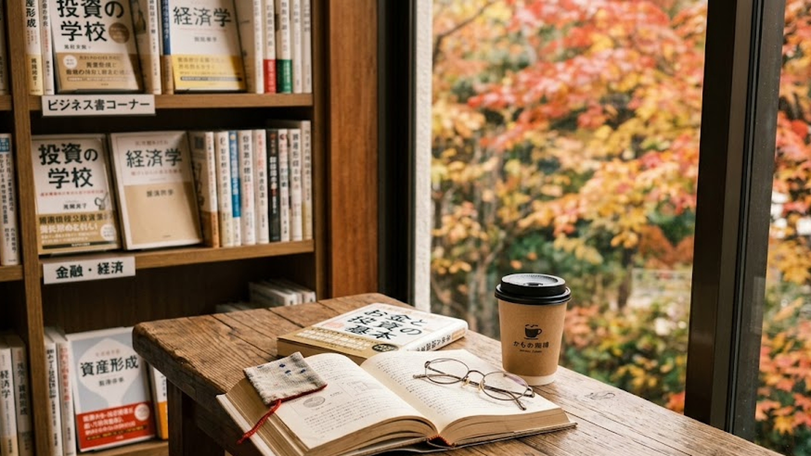 書店で投資本を読みながら振り返るシーン