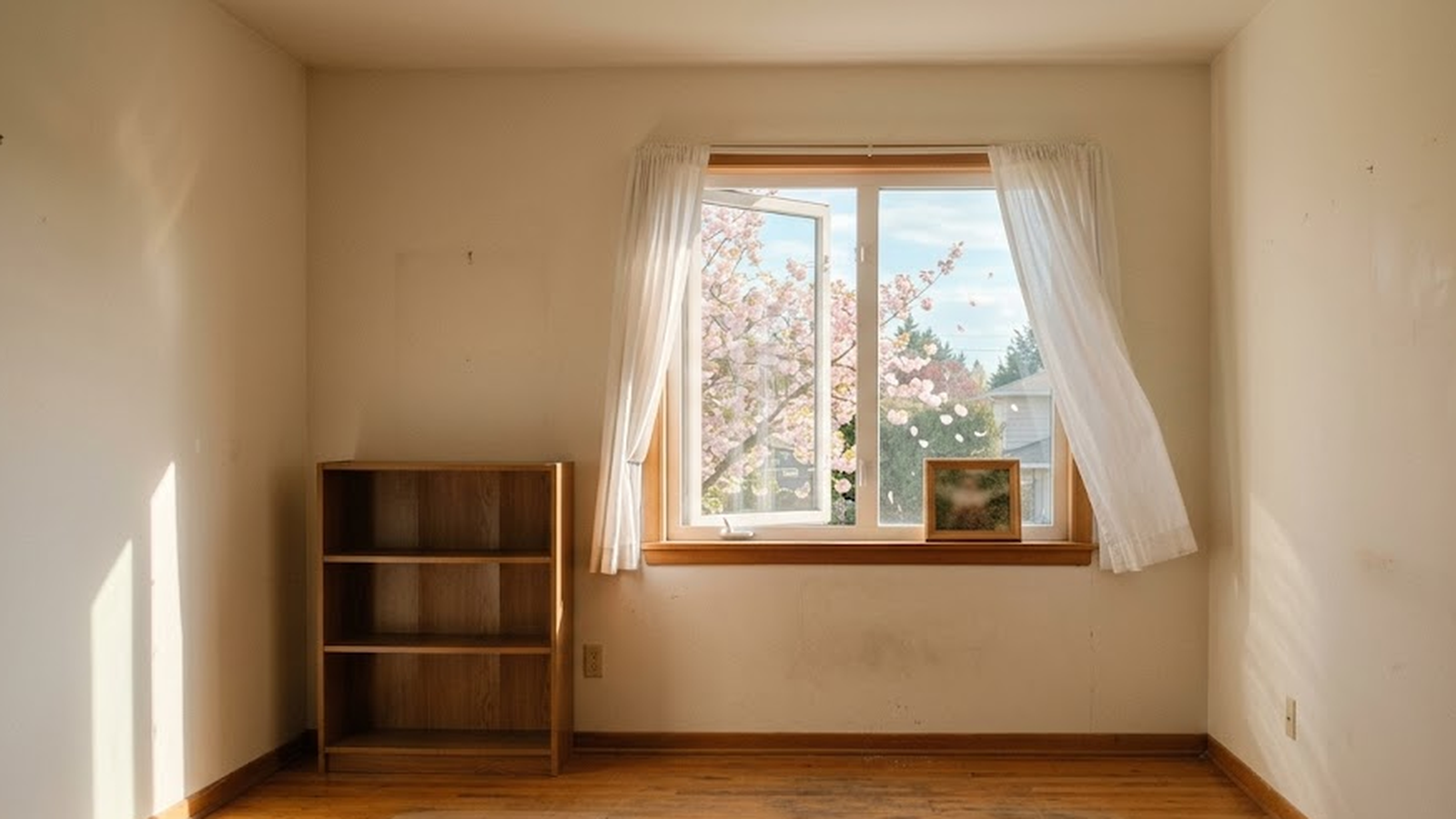 息子が独立して家を出た後の、がらんとした部屋と春の窓辺